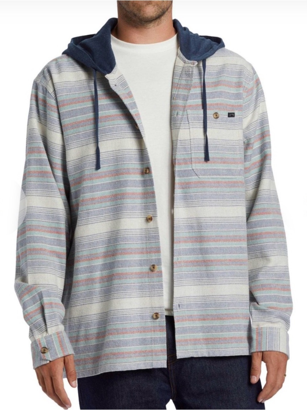 Billabong Baja Flannel Light Blue Striped Hooded Shirt Jacket California Cowboy